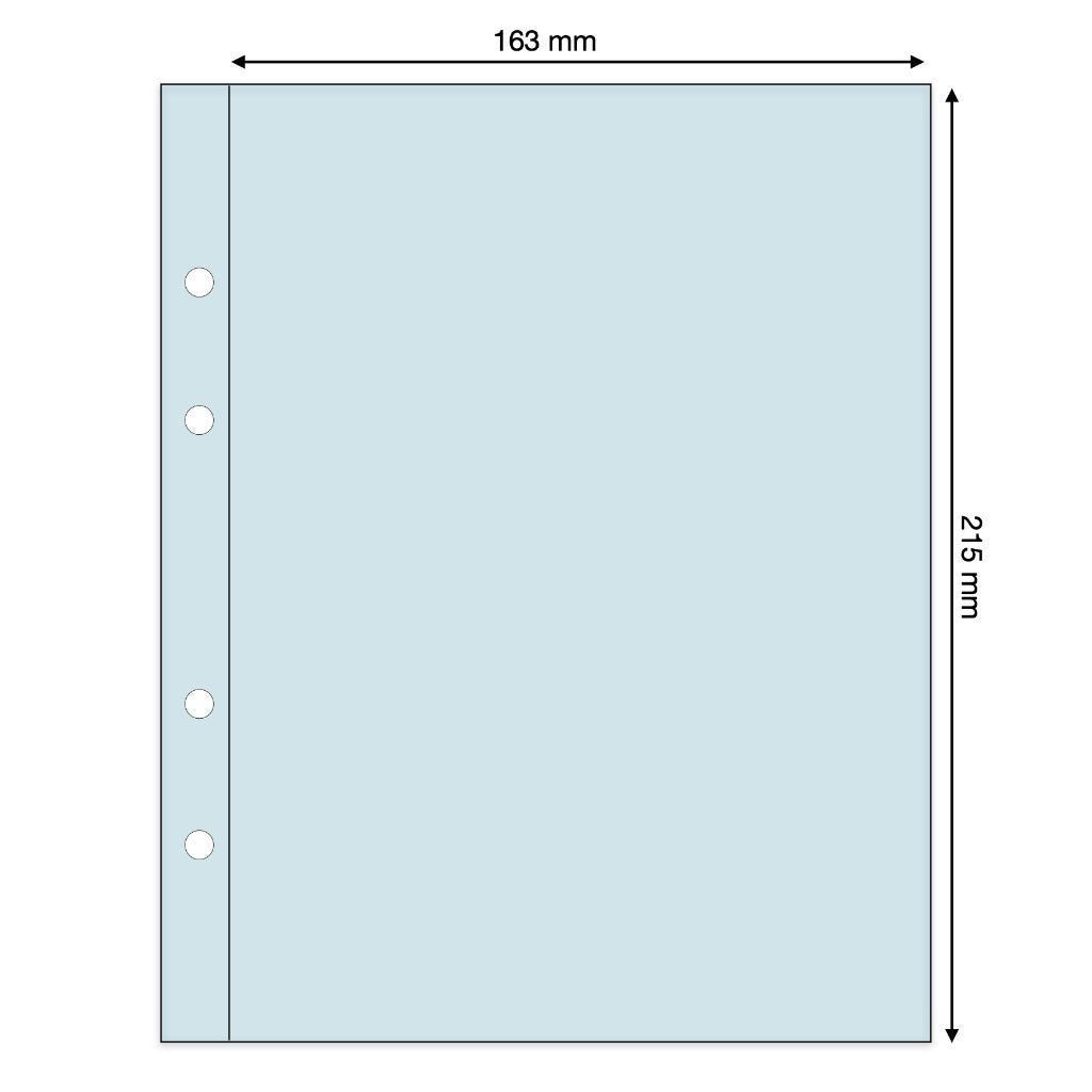 Light blue illustration representing a transparent album page with pocket dimensions on a white background