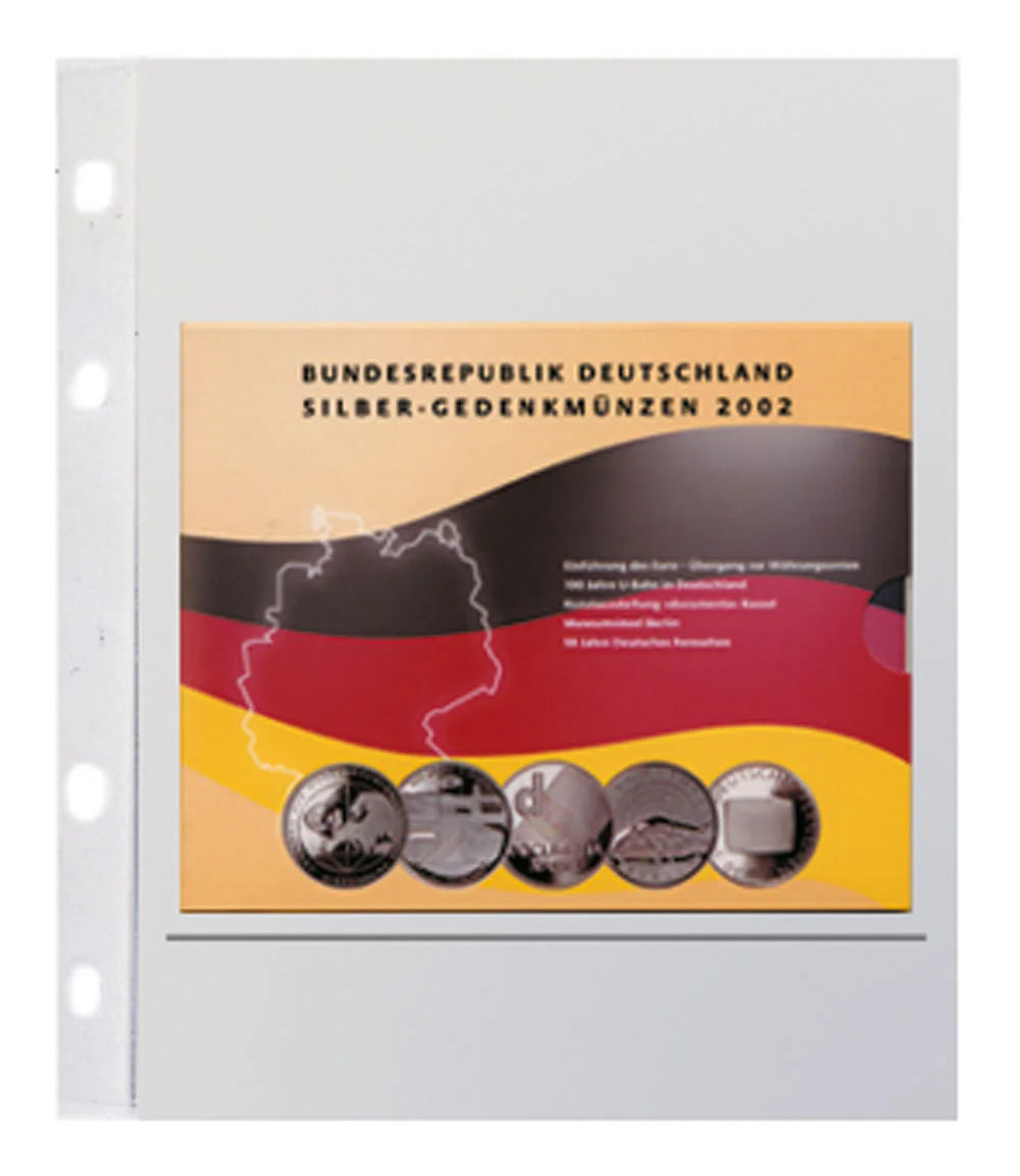 German coin proof set inside a transparent album page on a white background