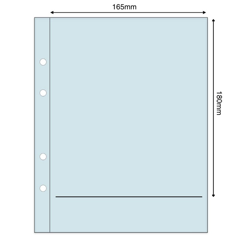 Light blue illustration representing a transparent album page with pocket dimensions on a white background