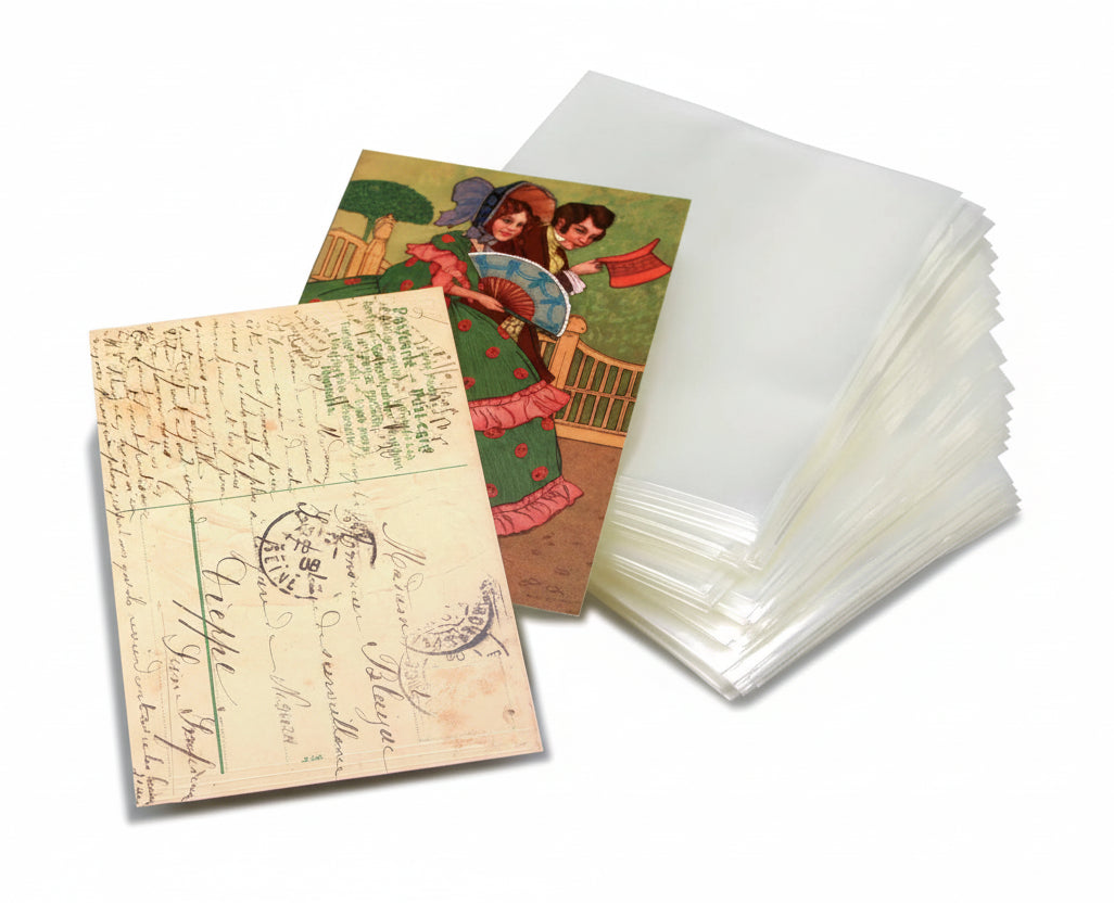 Vintage-style postcards with airmail stamps and a stack of transparent sleeves on a white background.