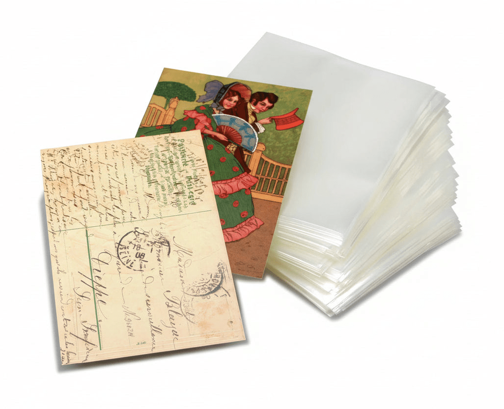 Vintage-style postcards with airmail stamps and a stack of transparent sleeves on a white background.