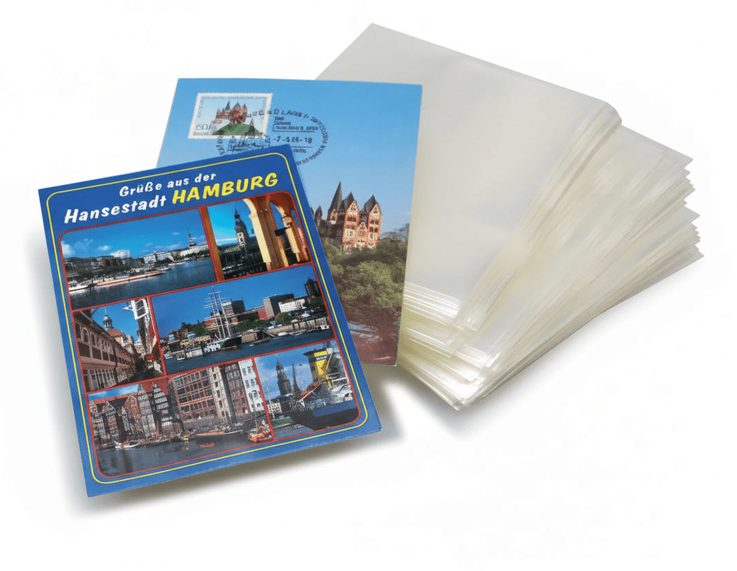 Travel postcards with Hamburg-themed design and a stack of transparent protective sleeves.