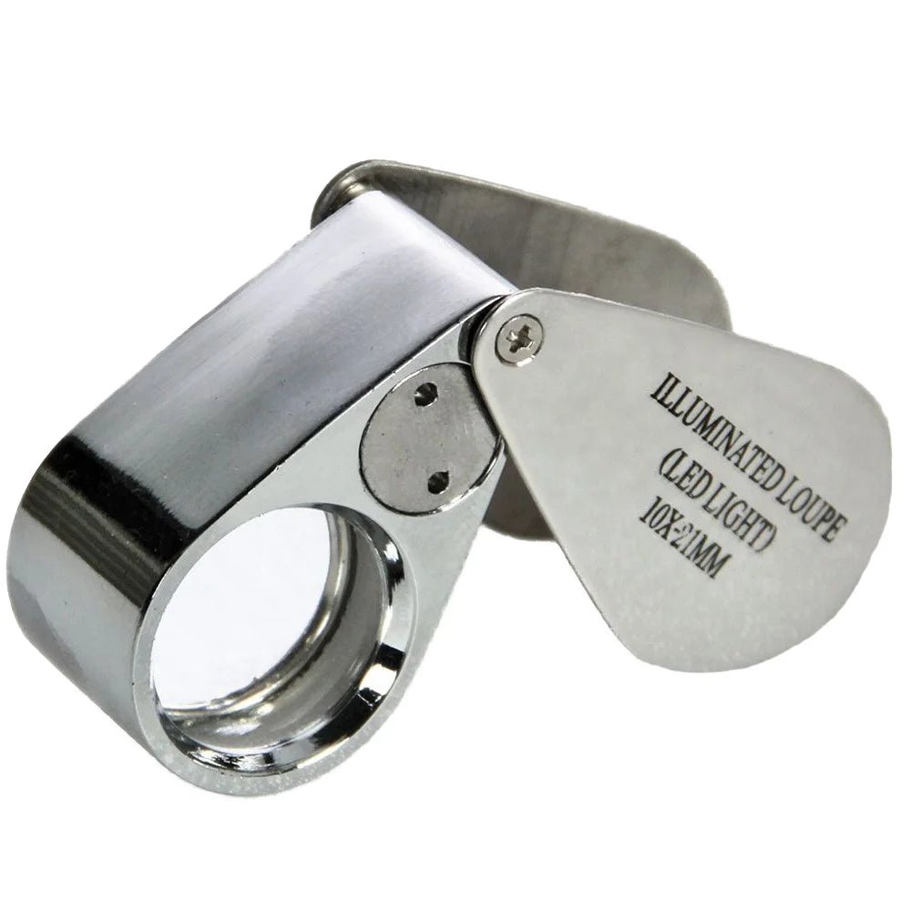 Silver illuminated magnifying loupe (10x) with a white background