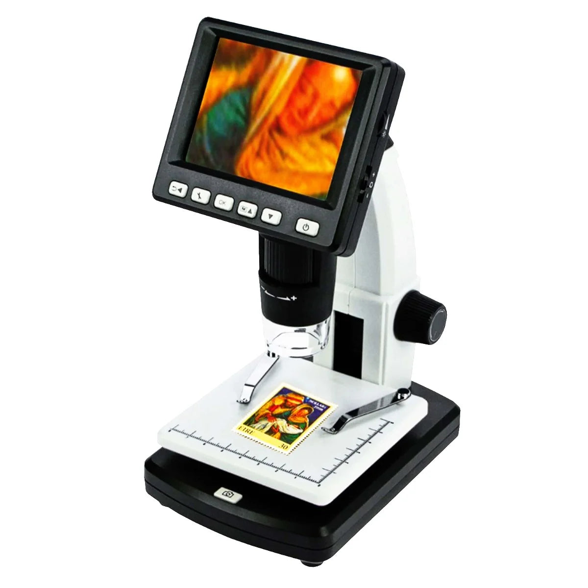 Digital microscope with a stamp and the screen displaying a zoomed up image of the stamp on a white background