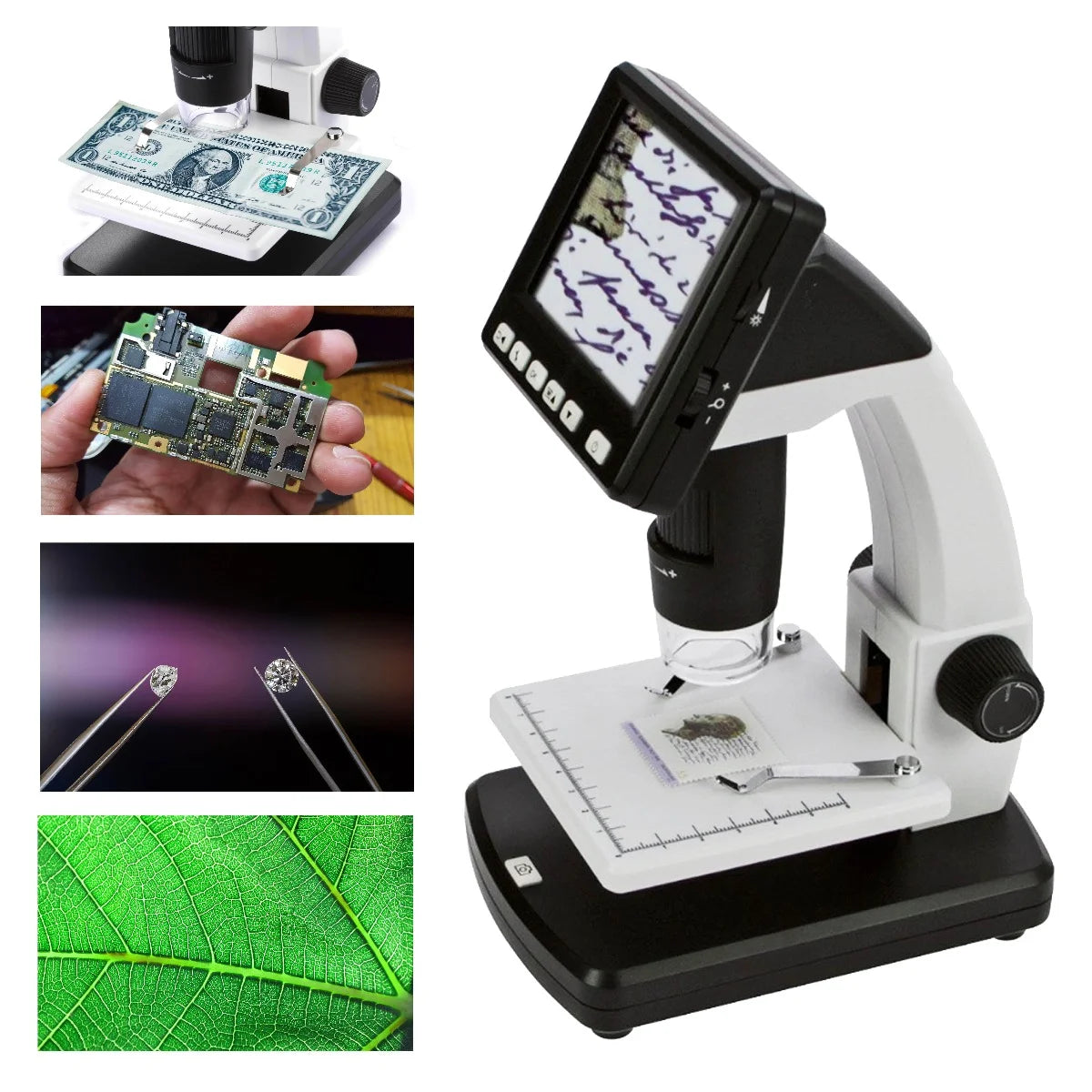 Digital microscope with screen displaying a magnified image with inset images on a white background
