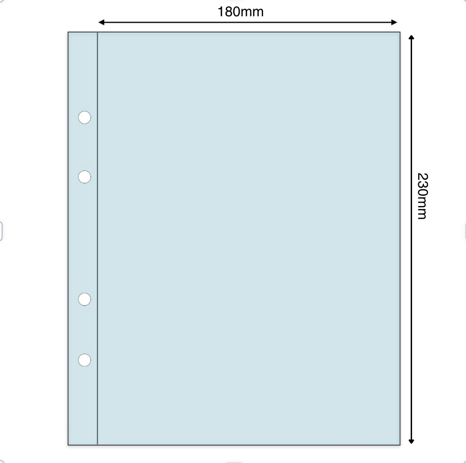 Light blue illustration representing a transparent album page with pocket dimensions on a white background