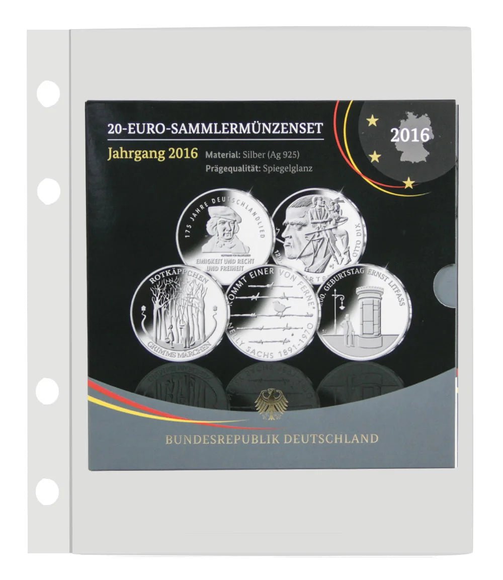 Packaged set of German silver coins from 2016 inside a transparent album page on a white background
