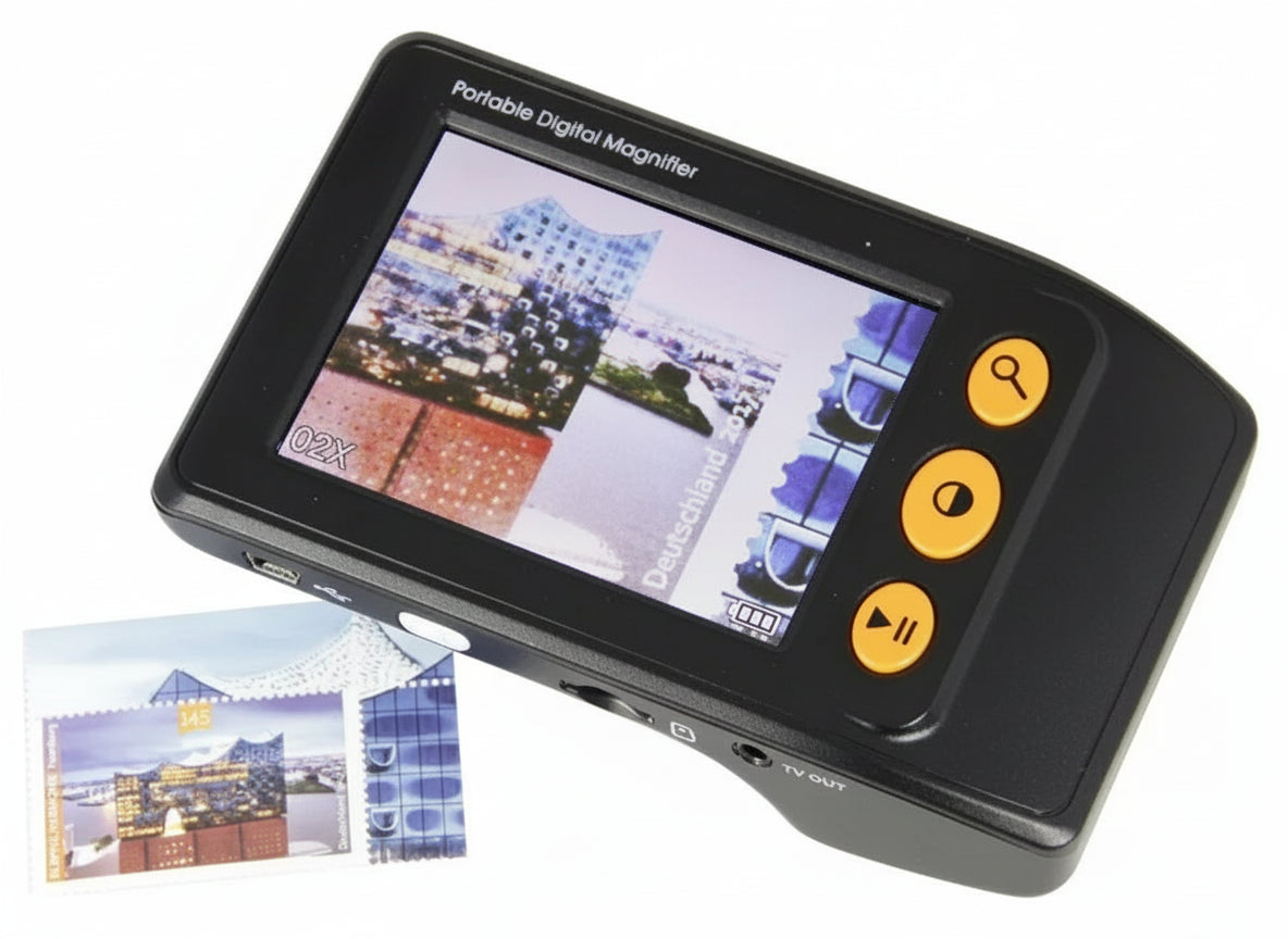 Portable digital magnifier with LCD screen displaying close up image of a stamp on a white background