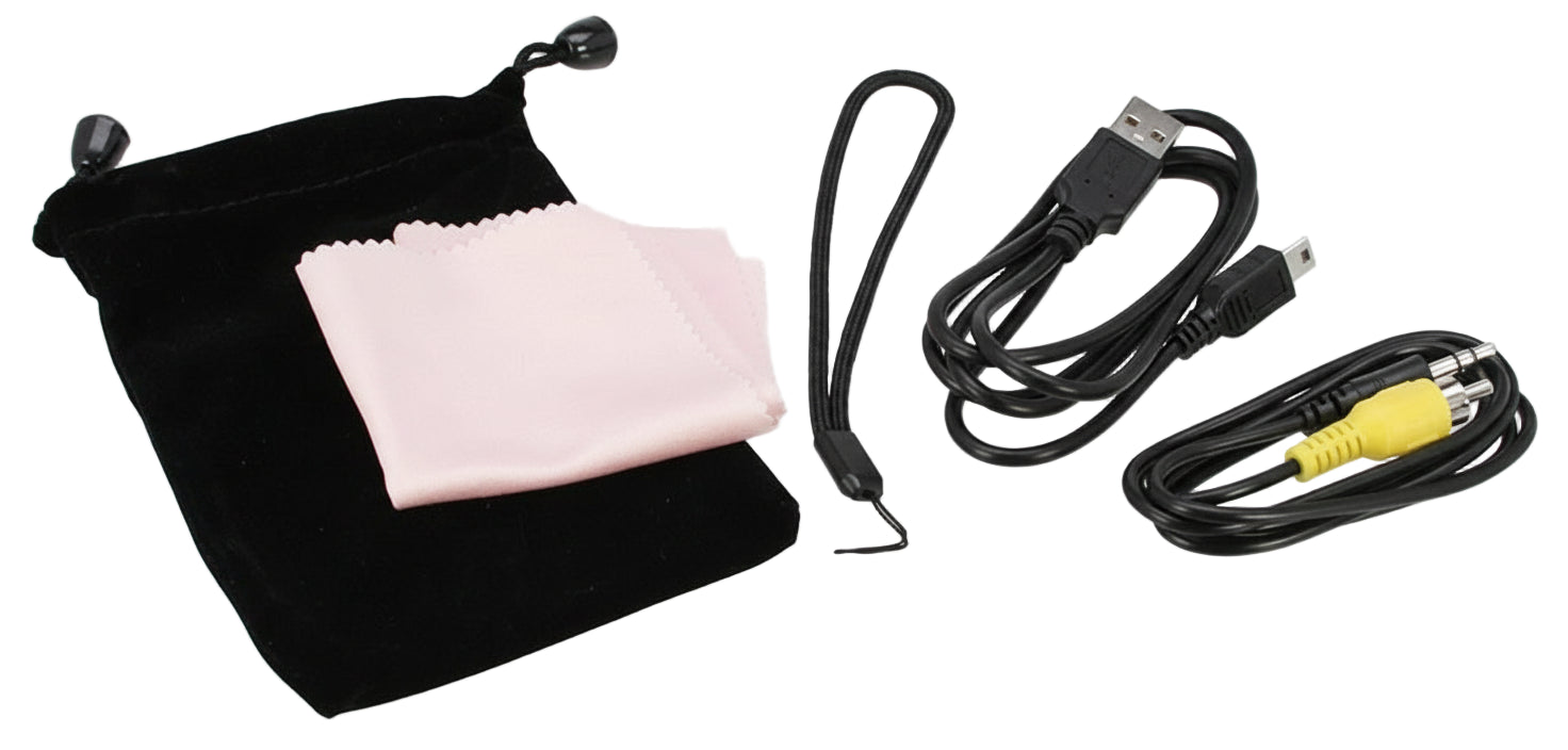 Black drawstring bag with cleaning cloth, black nylon wrist strap, USB cable, and AV cable on a white background