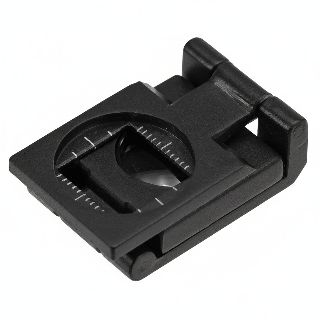 Hands-free magnifier with measuring scale, folded into itself to become compact, on a white background