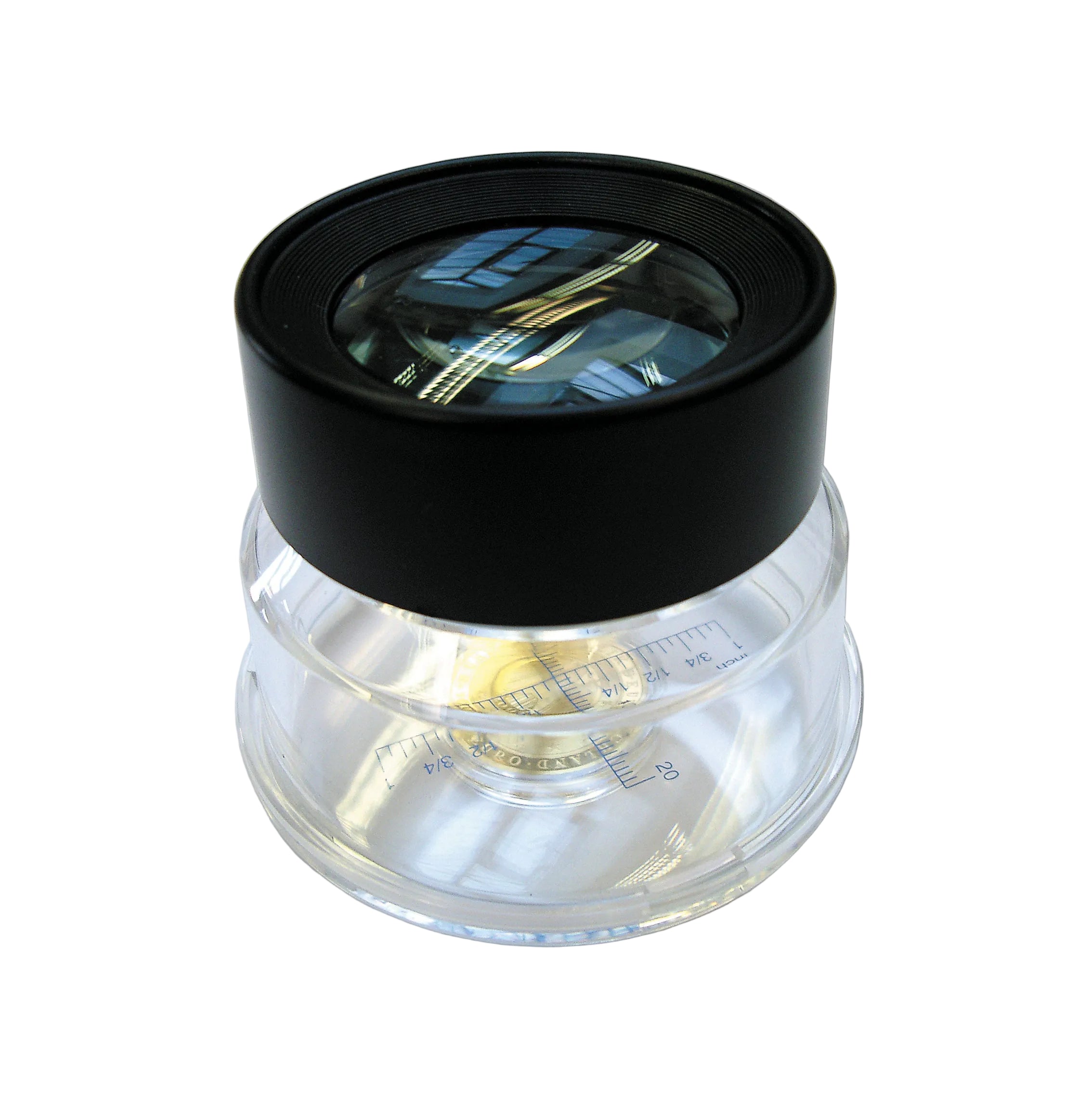 Stand magnifier with a clear dome & measurement scale with the lens encased in a black frame on a white background