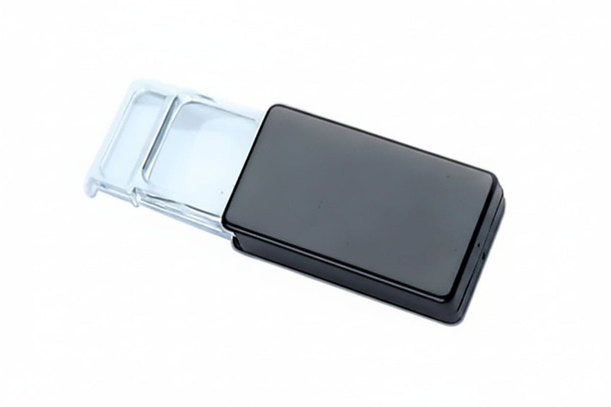 Two magnifying glass rectangles that slide out from it's black protective case on a white background