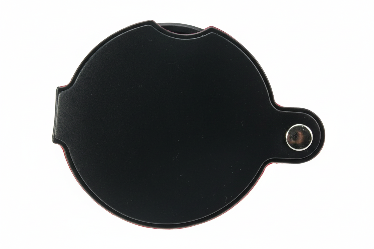Circular protective case with a magnifying lens inside on a white background