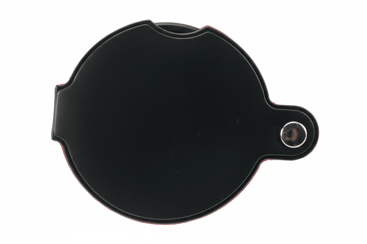 Circular protective case with a magnifying lens inside on a white background