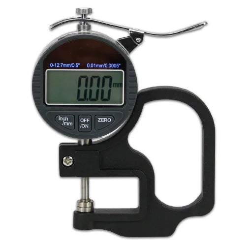 Digital thickness indicator with a digital screen, black handle and a clamp mechanism on a white background