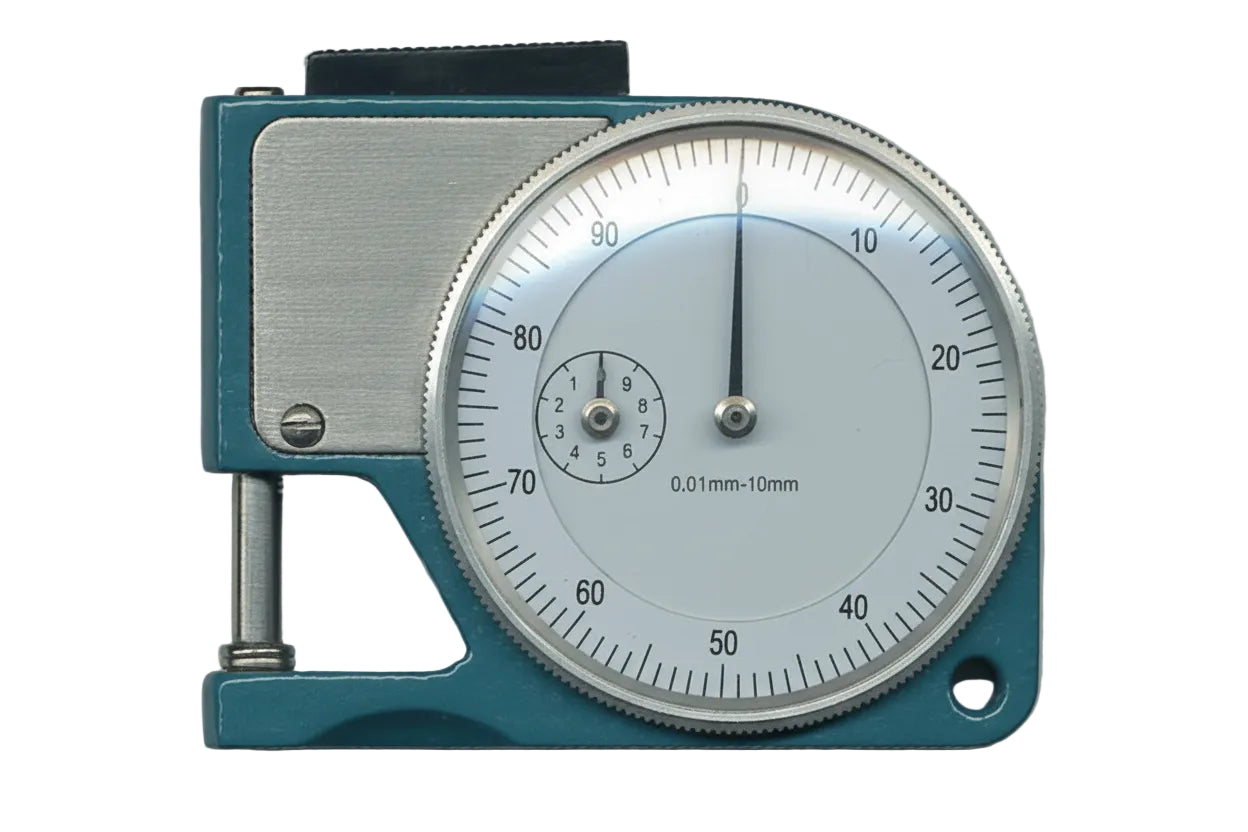 Teal dial paper thickness indicator gauge on a white background