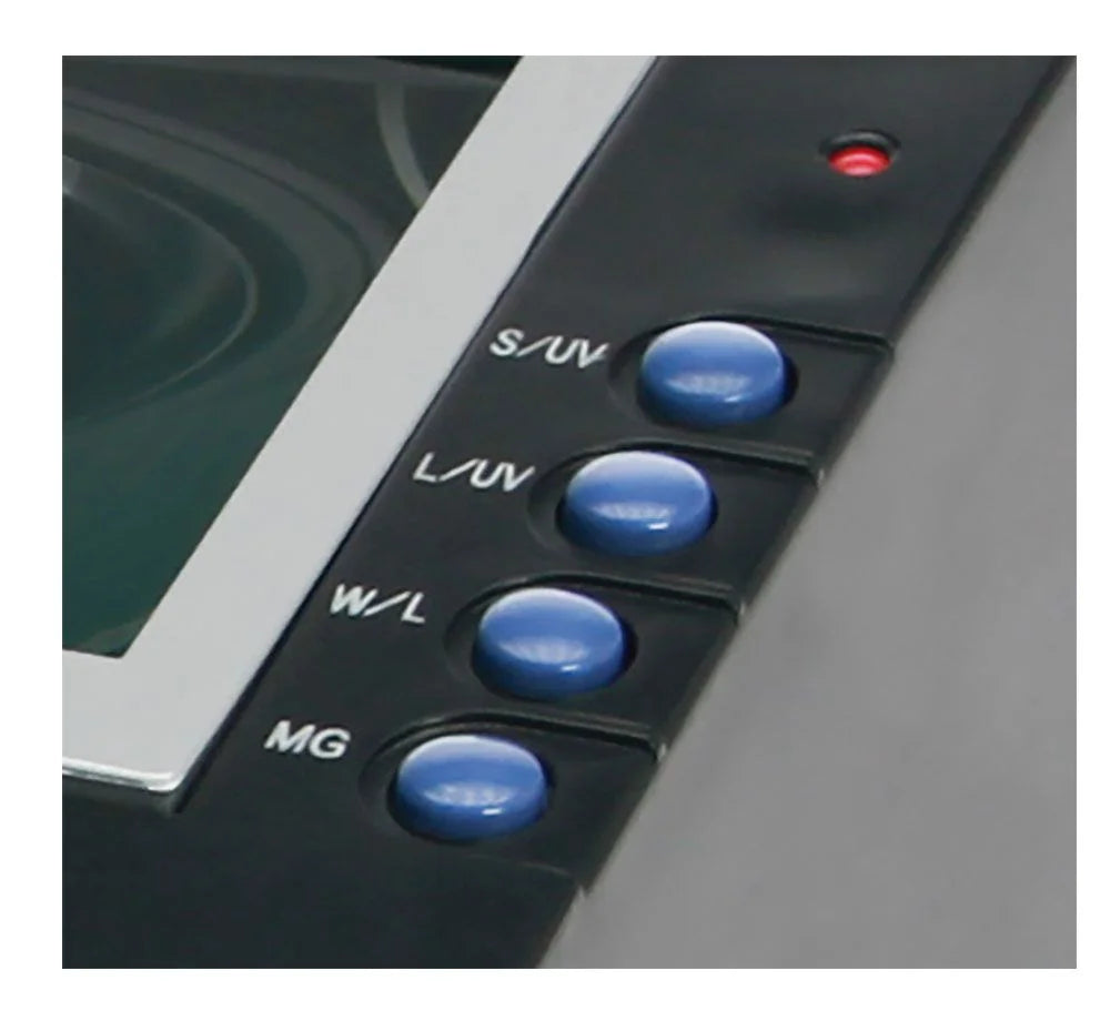 Detail image of the control buttons and a red light on the philalux