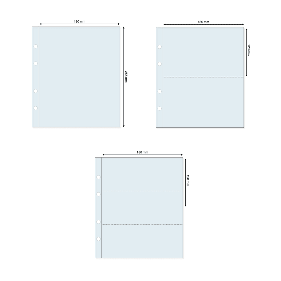 Set of three transparent ARTline archival refill pages with dimensions on a white background