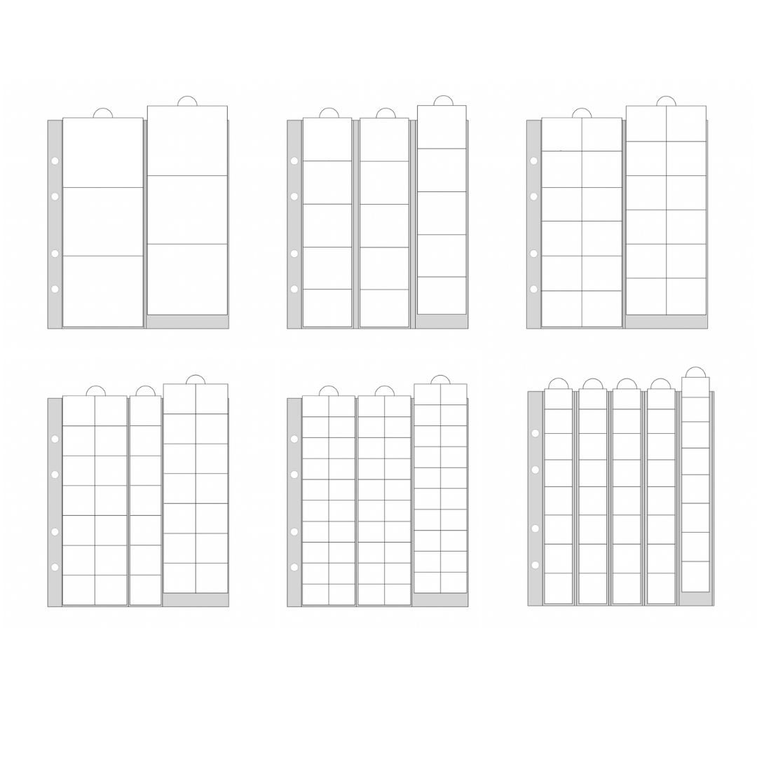 Set of six illustrations of the ARTline Coin Slide Pages on a white background