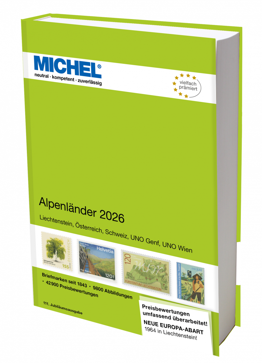Michel Alpenlander 2026 stamp catalog with a green cover featuring an array of stamps on a white background