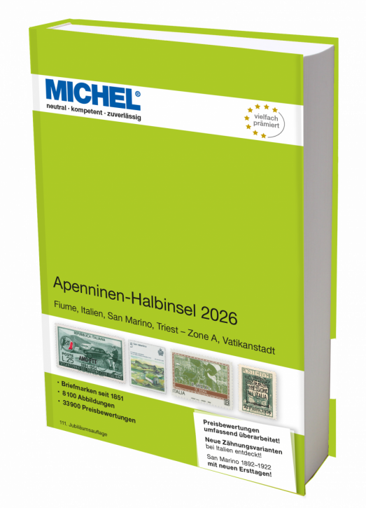 Michel Alpenninen Halbinsel 2026 stamp catalog with a green cover featuring an array of stamps on a white background