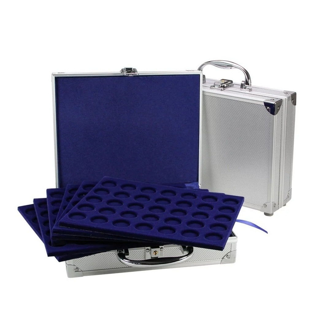 Aluminum case with blue interior and 6 trays with 35 circle compartments for coins on a white background