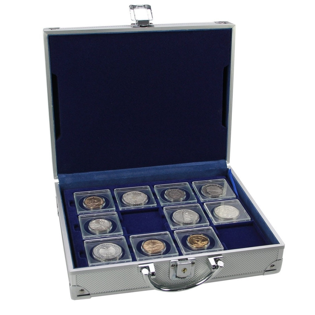 Open aluminum coin case with 2x2 coin flips on a white background