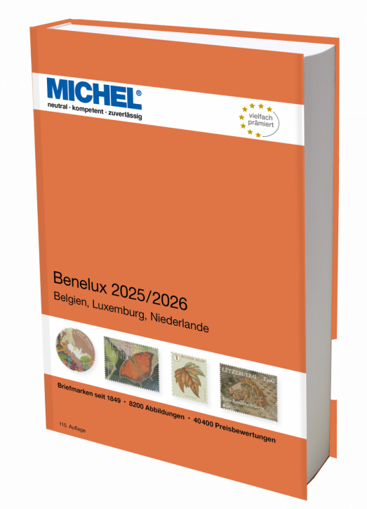 Michel Benelux 2025/2026 stamp catalog with a orange cover featuring an array of stamps on a white background