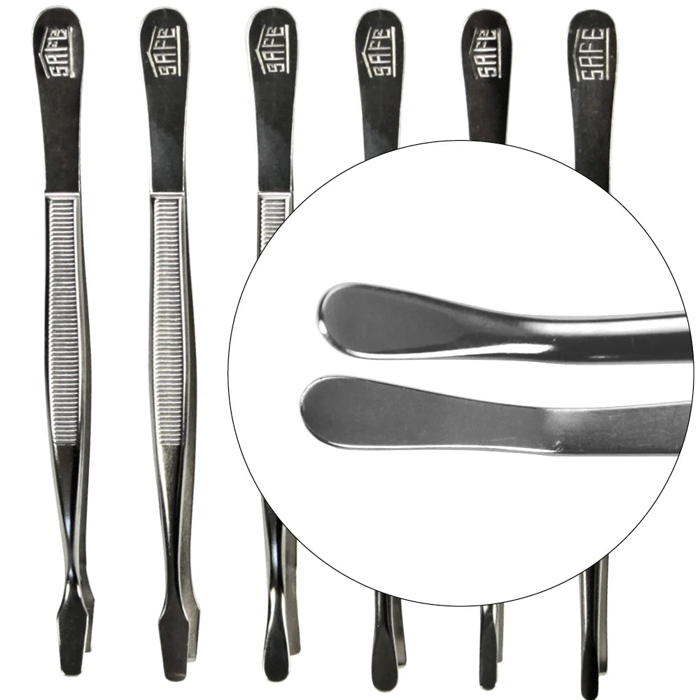 Set of 6 metal tweezers with 'SAFE' branding on a white background with the bent rounded tong magnified, to show the tip