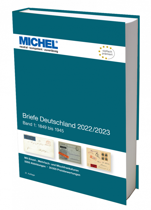 Michel Briefe Deutschland 2022/2023 stamp catalog with a blue cover featuring an array of stamps on a white background