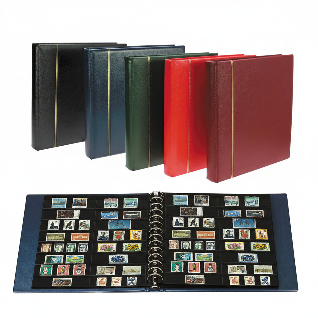 Collection of stamp albums in various colors with an open blue album showing black pages holding a stamp collection on a white background.