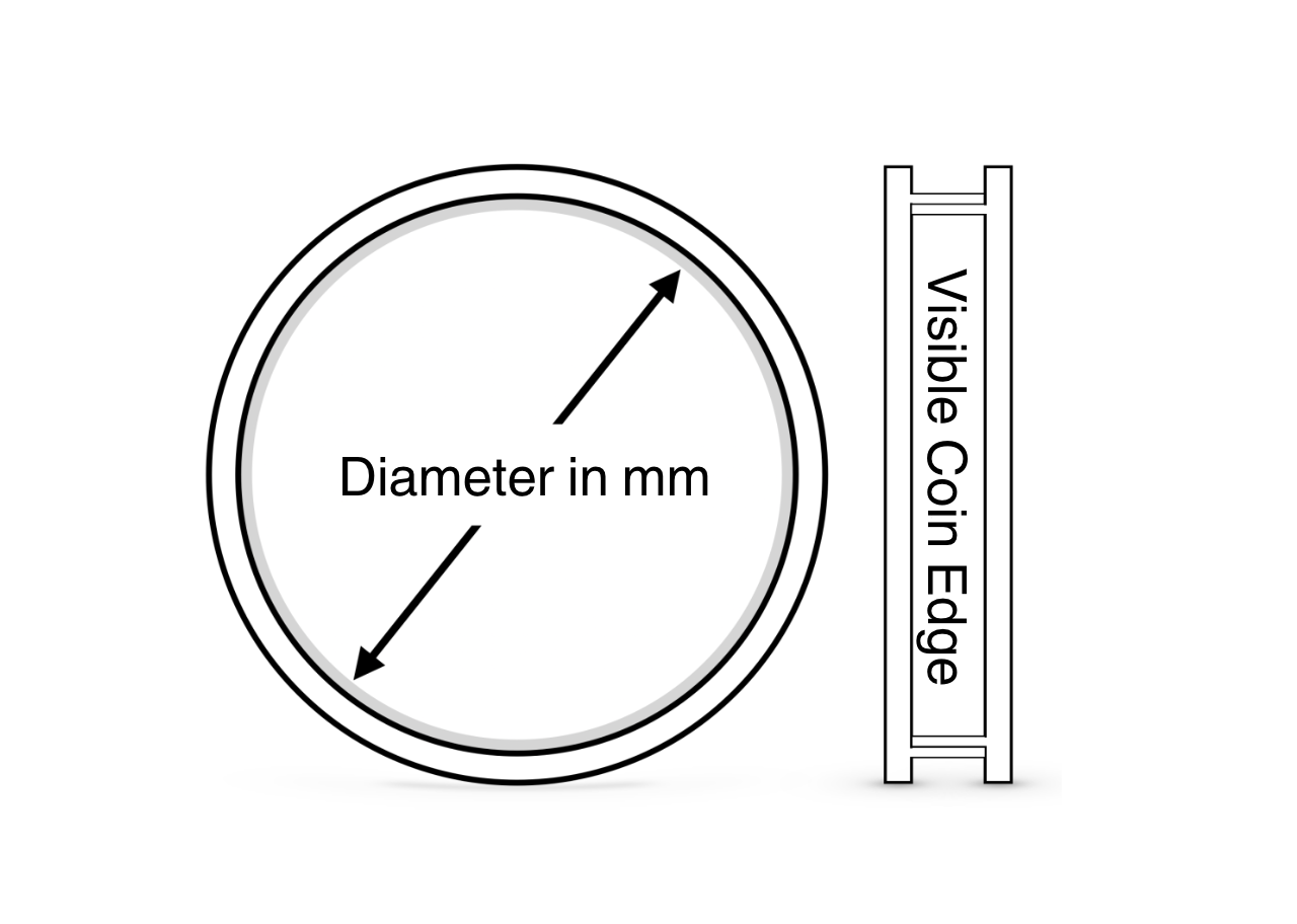 Diagram showing a coin capsule with measurements labeled on a white background