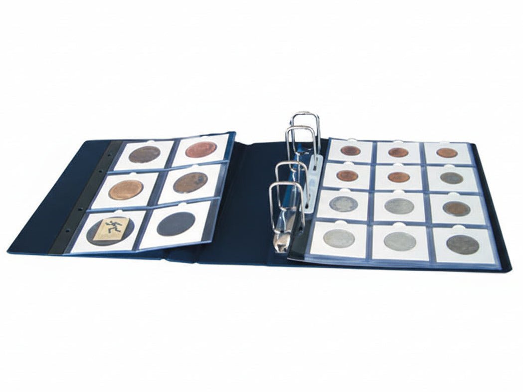 A blue album laid open displaying a 2x2 coin flip collection on a white background
