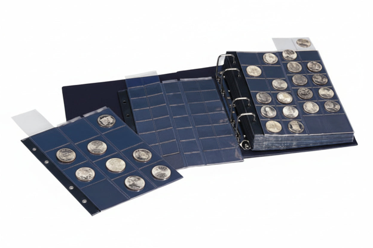A blue album laid open displaying a coin collection on a white background