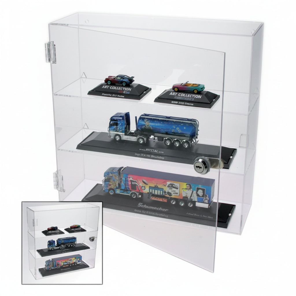 Clear acrylic display curio with multiple shelves holding a collection of model trucks on a white background