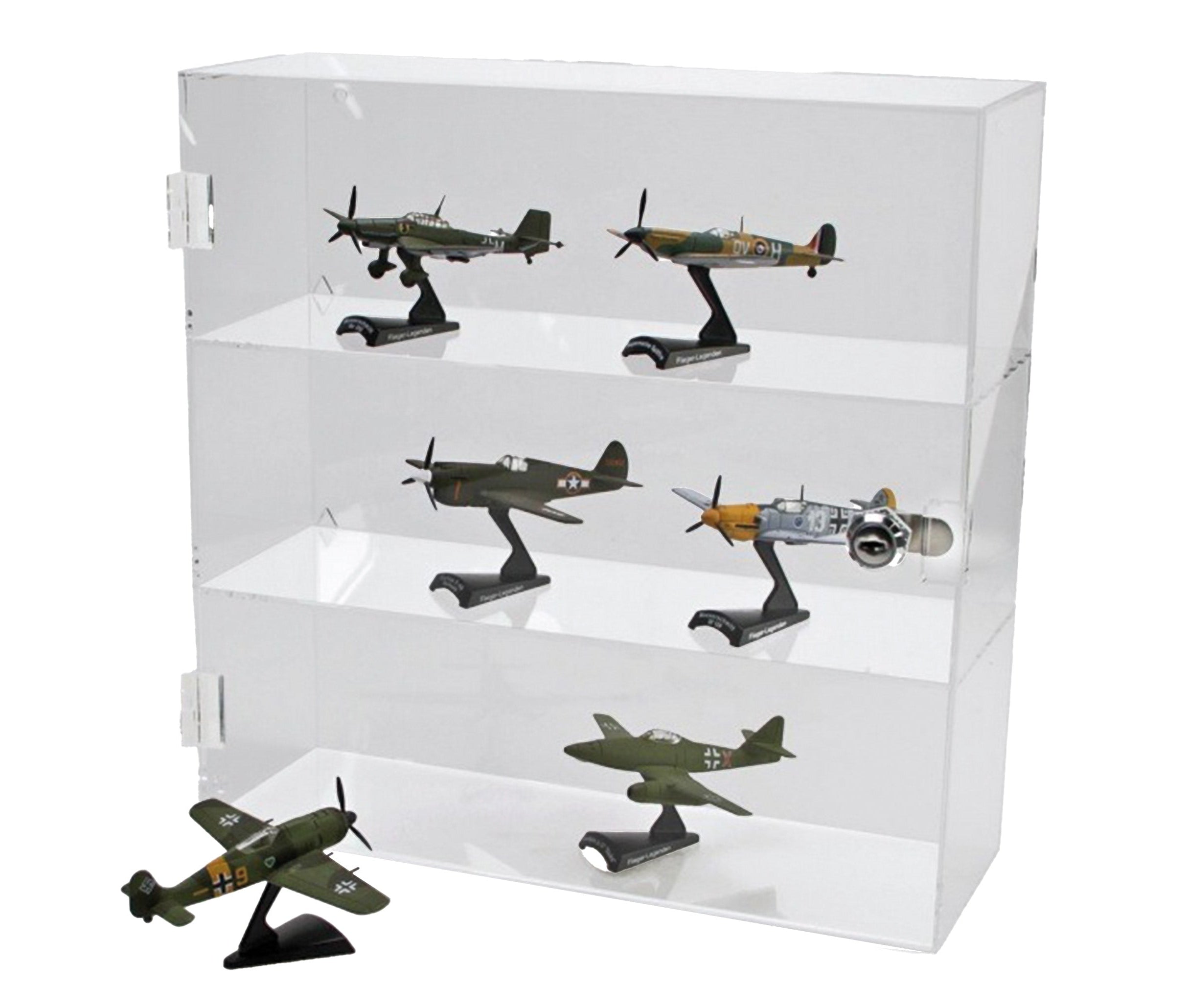Clear acrylic display curio with multiple shelves holding a collection of model airplanes on a white background