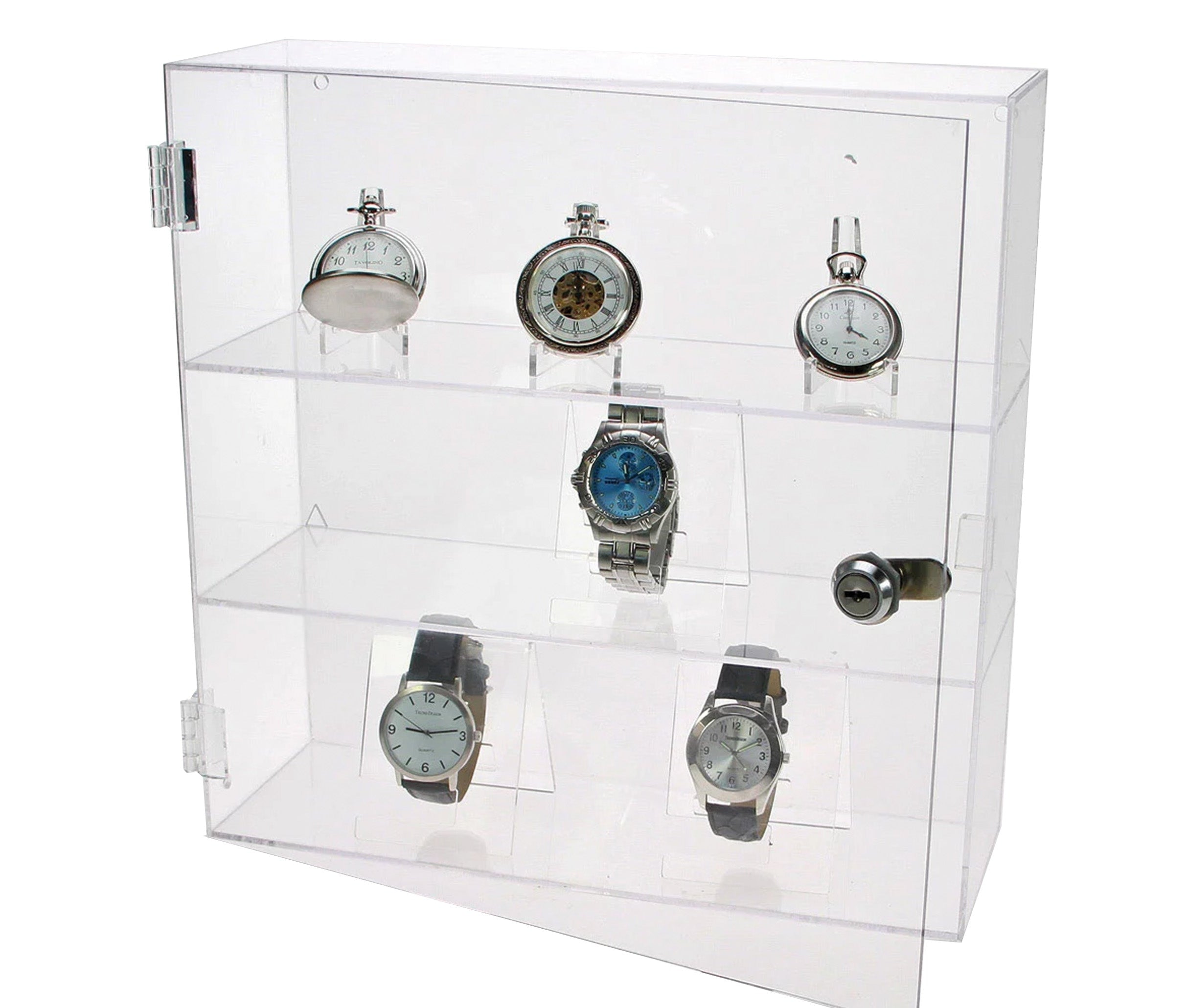 Clear acrylic display curio with multiple shelves holding a collection of pocket watches & wrist watches on a white background