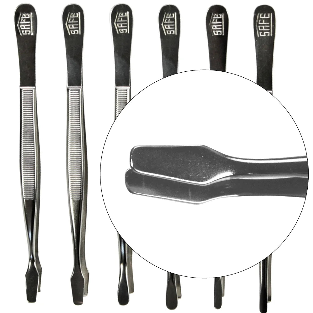 Set of 6 metal tweezers with 'SAFE' branding on a white background with the curved spade tong magnified, to show the tip