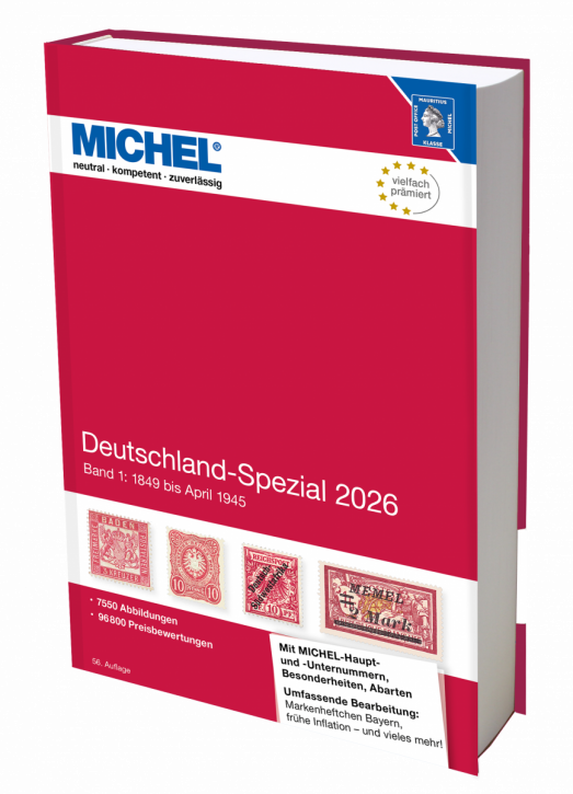 Michel Deutschland-Spezial 2026 stamp catalog with a red cover featuring an array of stamps on a white background