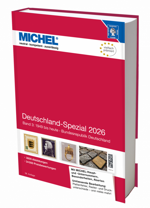 Michel Deutschland-Spezial 2026 stamp catalog with a red cover featuring an array of stamps on a white background