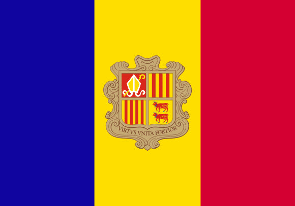 Flag of Andorra with a central coat of arms on a blue, yellow, and red background