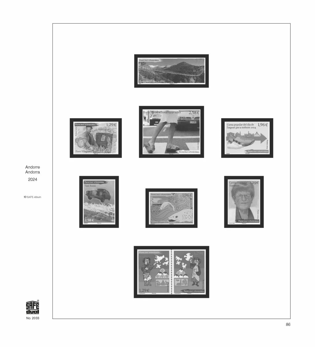 Illustration of black and white stamps from the Andorra's 2024 annual supplement, displayed on a white page.