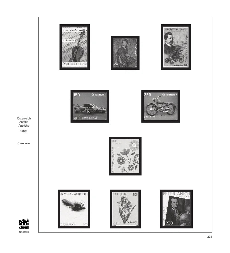 Illustration of black and white stamps from the Austria's 2021 annual supplement, displayed on a white page.