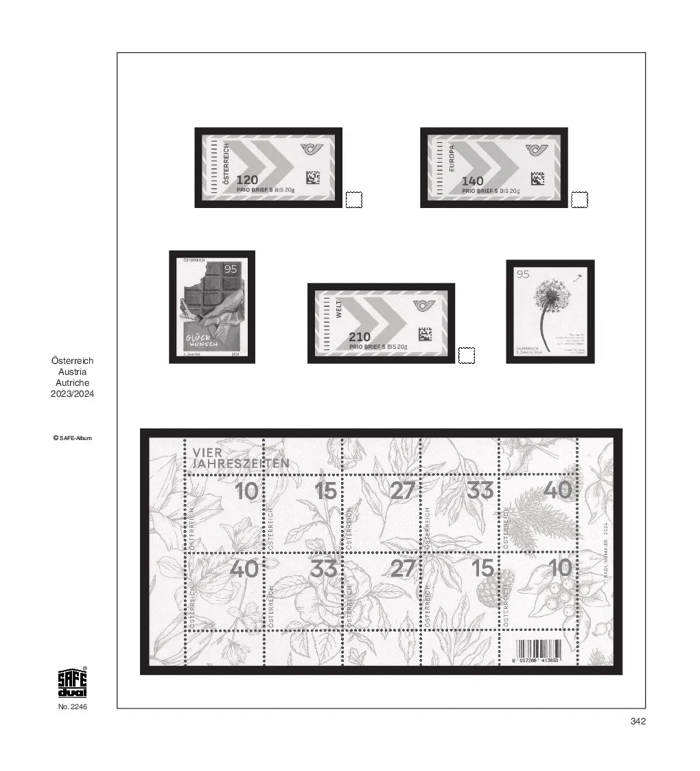 Illustration of black and white stamps from the Austria's 2023/2024 annual supplement, displayed on a white page.