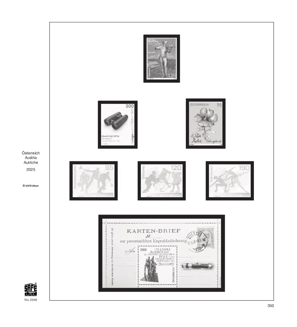 Illustration of black and white stamps from the Austria's 2025 annual supplement, displayed on a white page.