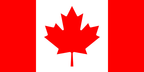 Flag of Canada with a red maple leaf on a white background and red stripes on the left and right