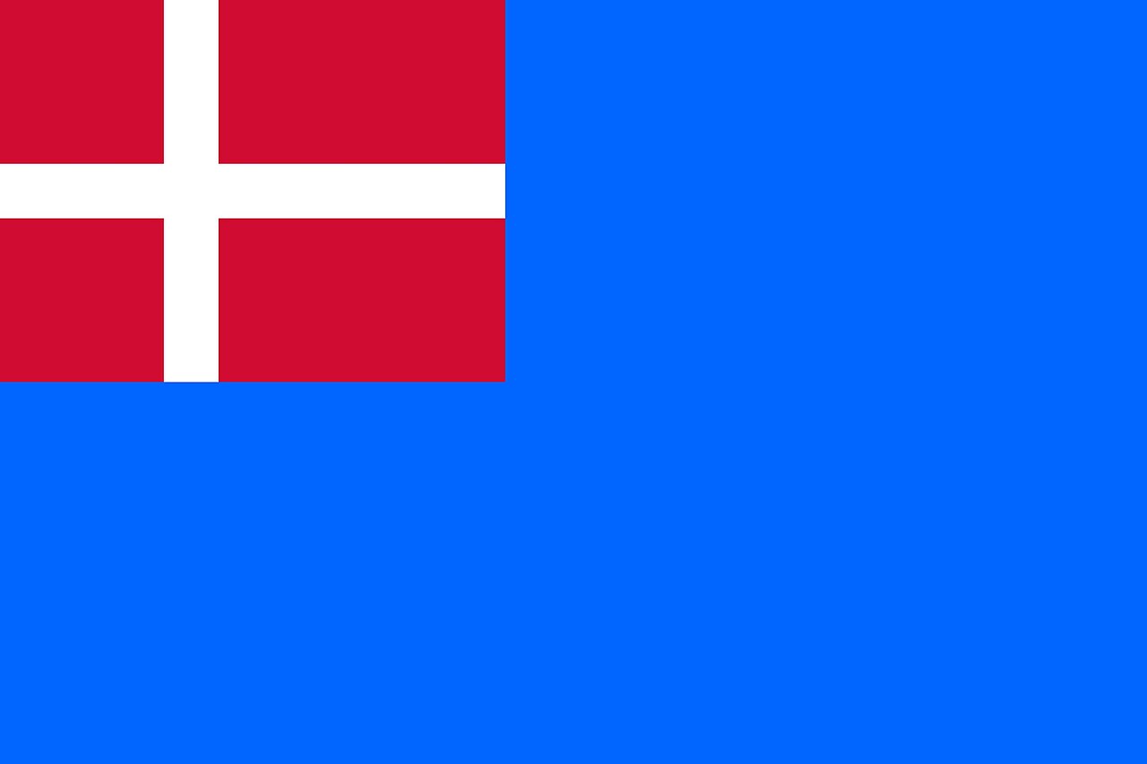 Danish West Indies Flag: a rectangle with a white cross on a red background in the top left corner on a blue background