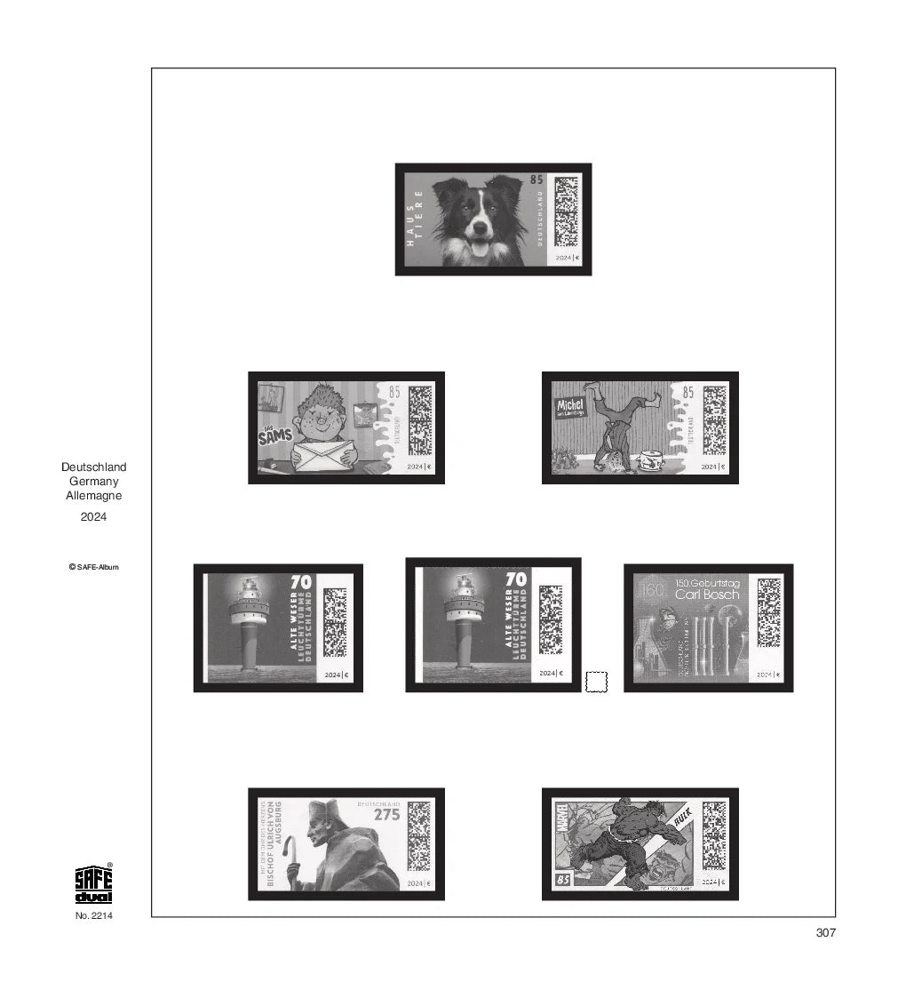 Illustration of black and white stamps from the Germany 2024 annual supplement, displayed on a white background.