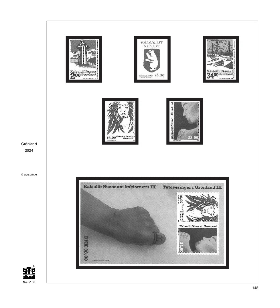 Illustration of black and white stamps from the Greenland's 2024 annual supplement, displayed on a white background.