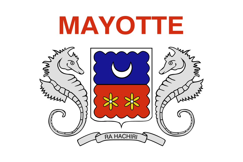Flag of Mayotte with seahorses and a coat of arms on a white background